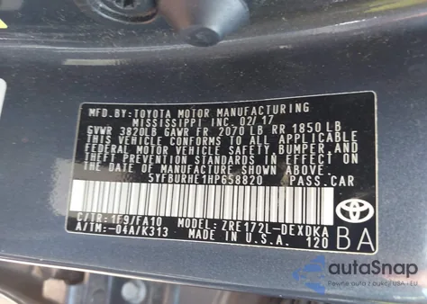 2017 Toyota Corolla L from USA, damaged, VIN 5YFBURHE1HP658820
